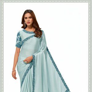 Elegant Women's Embroidered Satin Silk Blue Saree - Light Blue Designer Attire